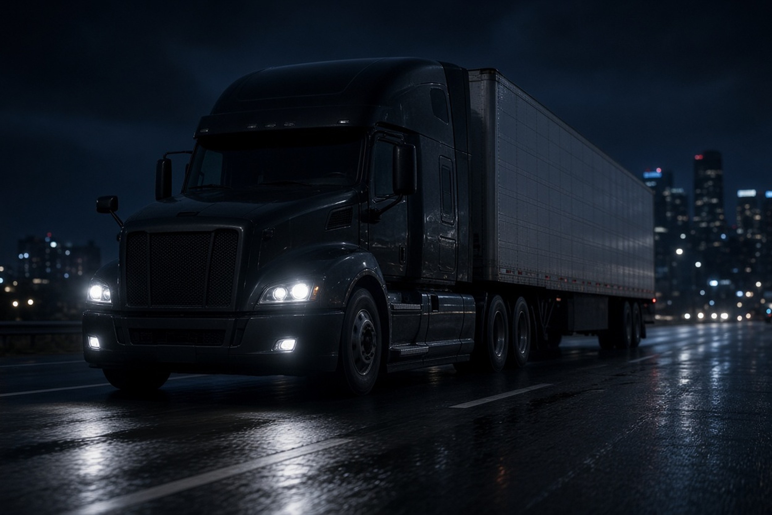 Semi truck on a wet highway at night