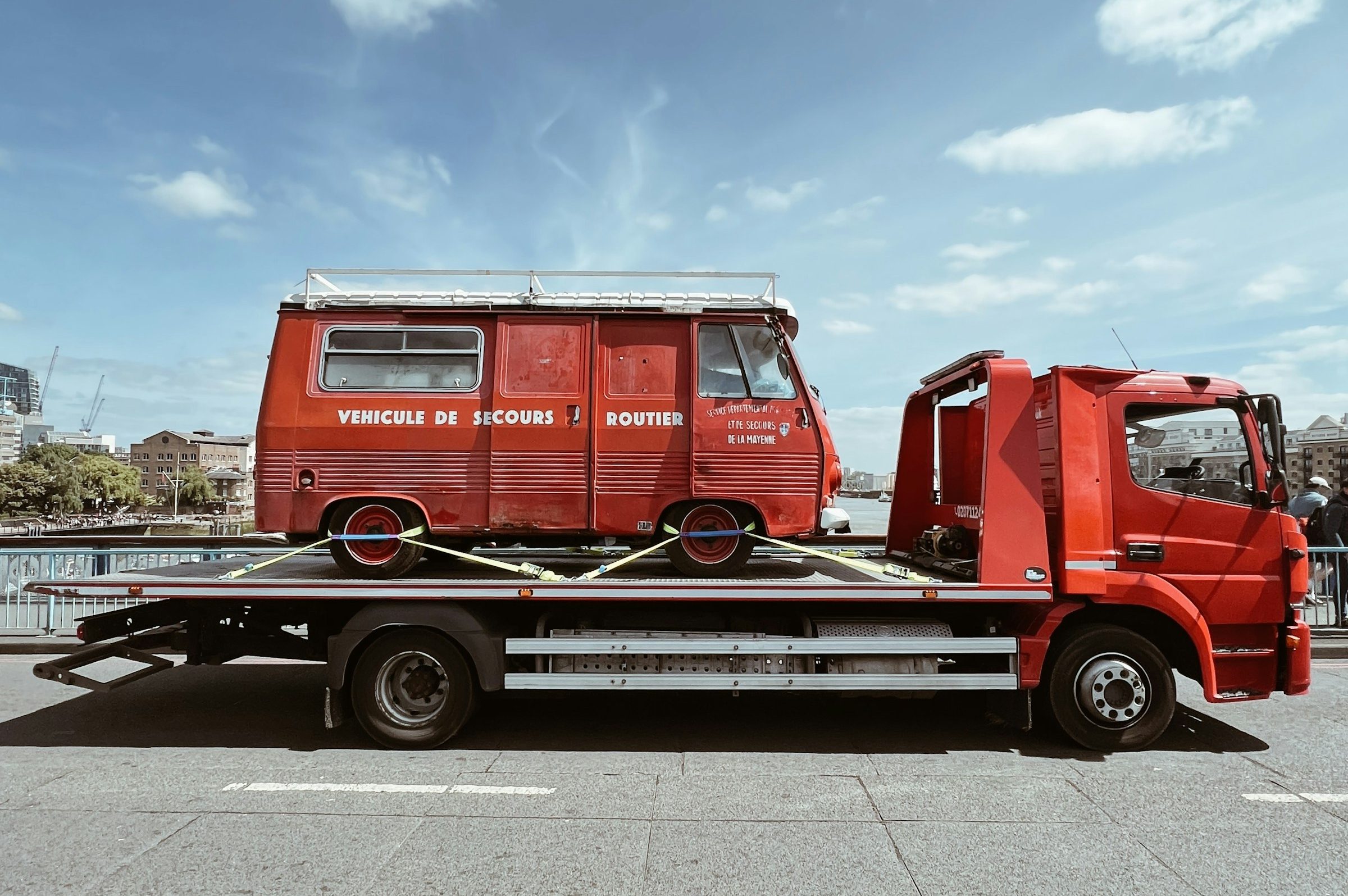 Red flatbed truck