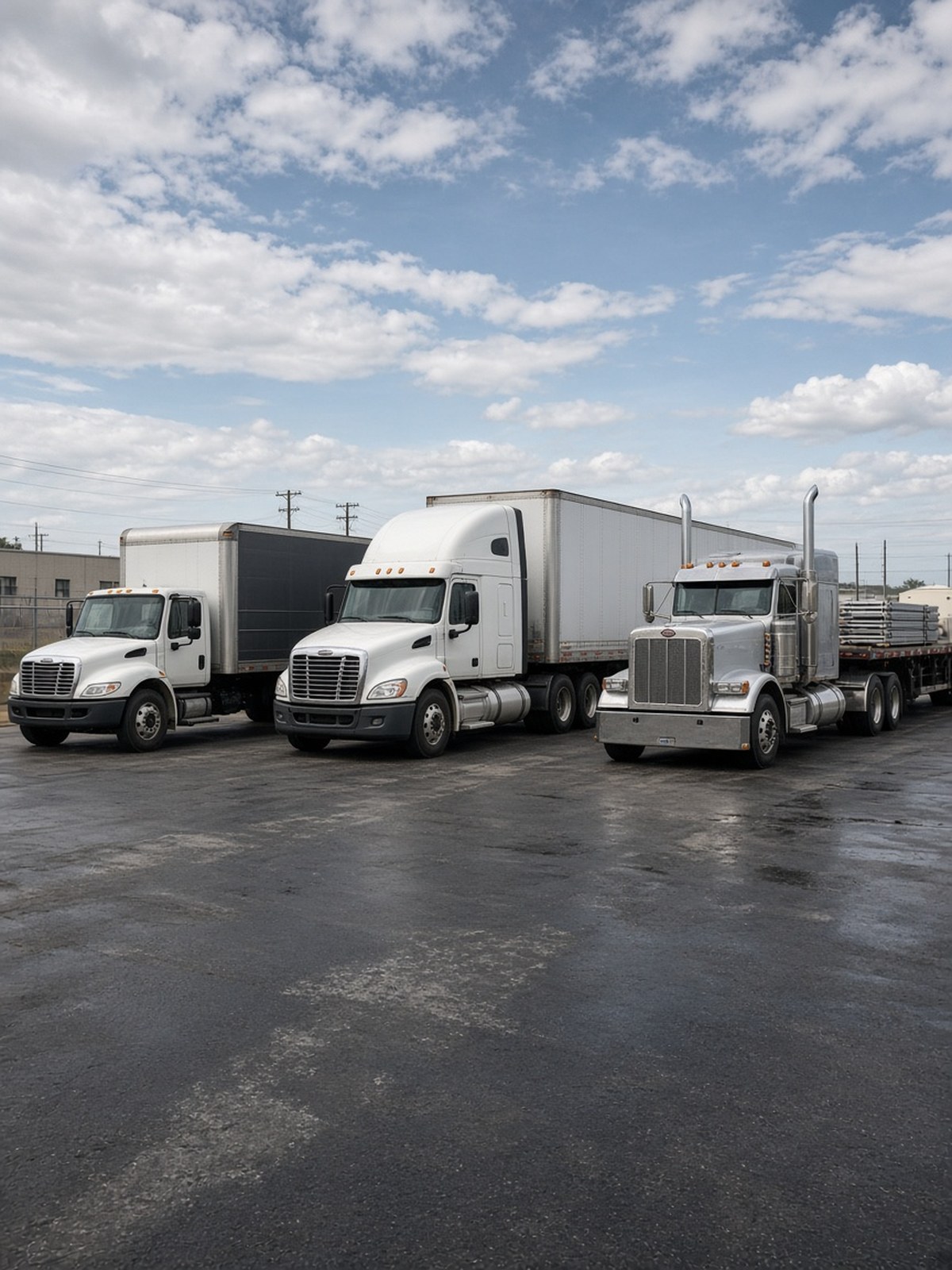 Box truck, dry van and flatbed equipment in a yard