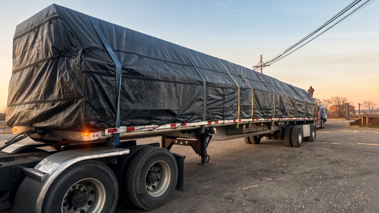Secured flatbed load ready for dispatch