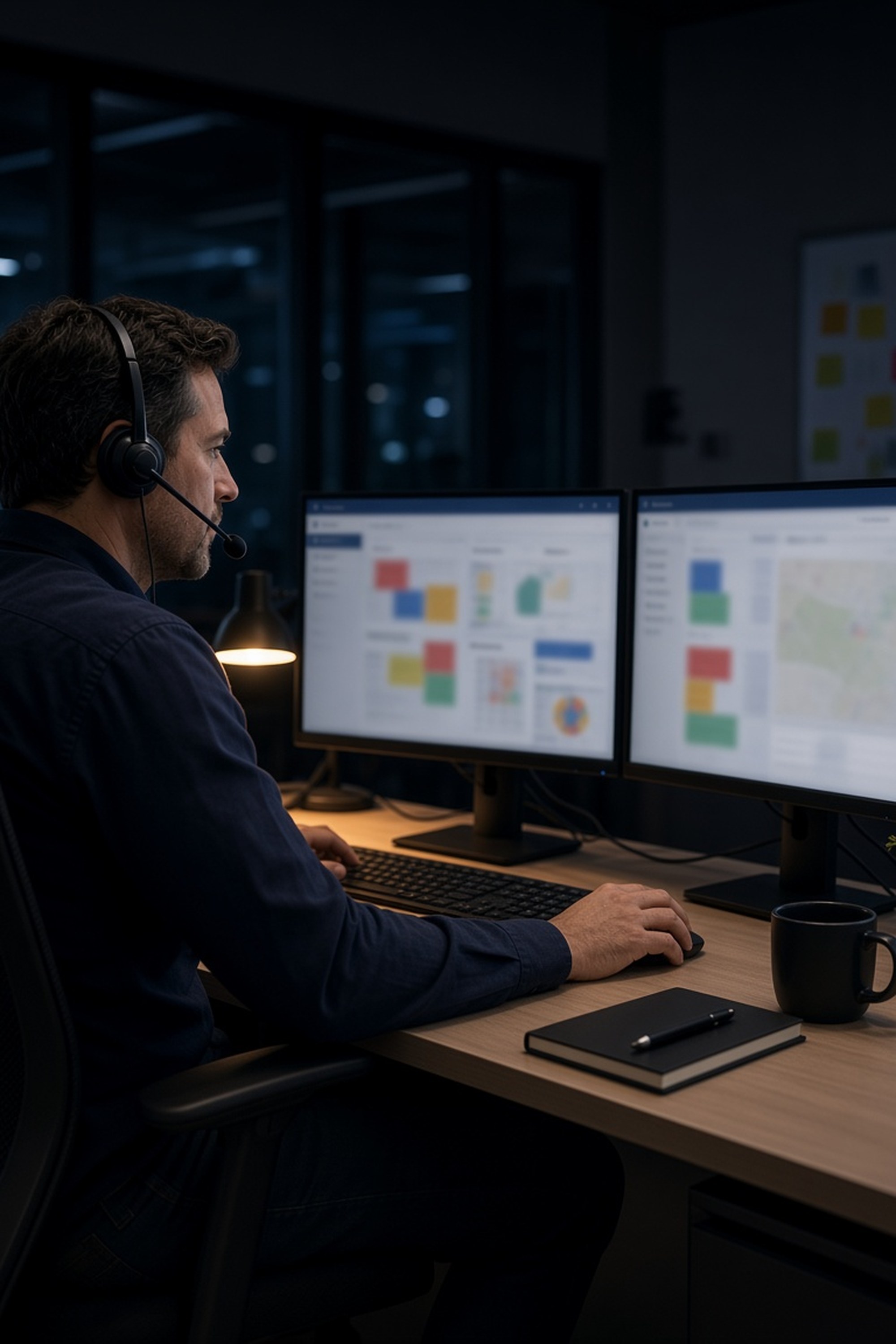Dispatcher on headset providing 24/7 support