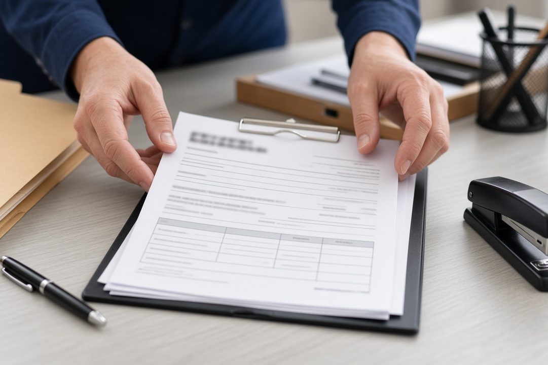 Paperwork and compliance documents on a clipboard