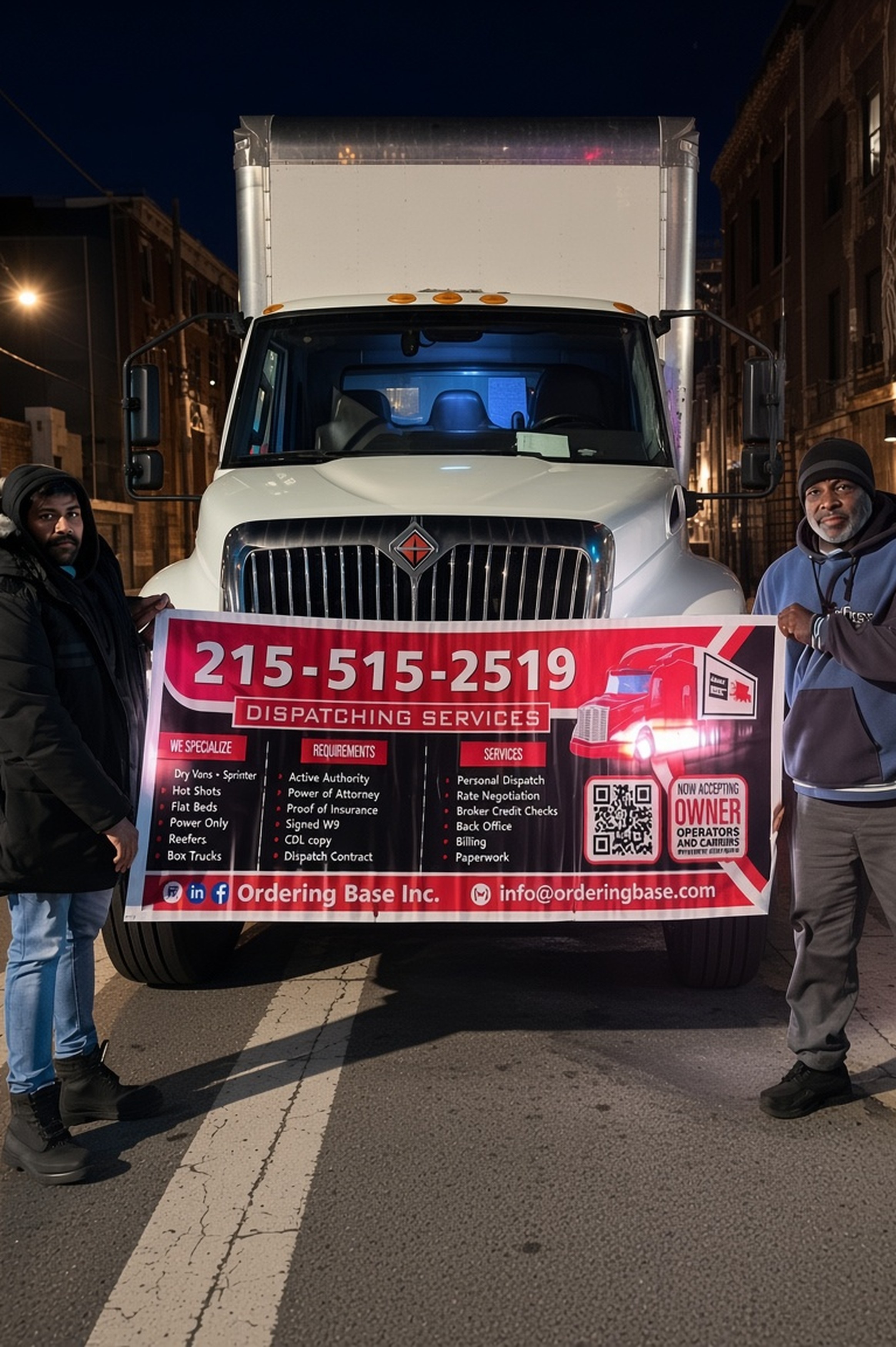 Ordering Base Inc. team, both partners with the Ordering Base dispatch banner in front of a client truck